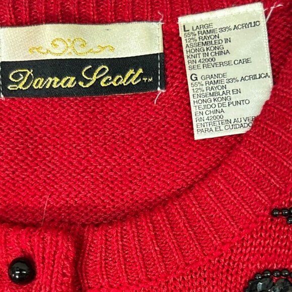 Vintage Dana Scott Red Knit Sweater Cardigan w/ Black Beads & Sequins Size Large - Picture 5 of 7